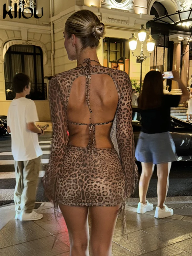 kliou Leopard Trend Women 3 Piece Sets Halter Bikini+Swinging Neck Backless Irregular Tops+Shirring Mini Skirts Mujer Clubwear