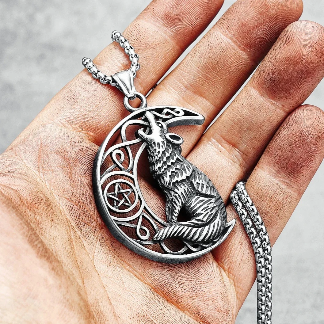 Image of Viking Wolf Mond Halskette Männer Kette 316L Edelstahl Anhänger Retro Keltische Punk Hip Hop Rap für Biker Männlich Schmuck Geschenk