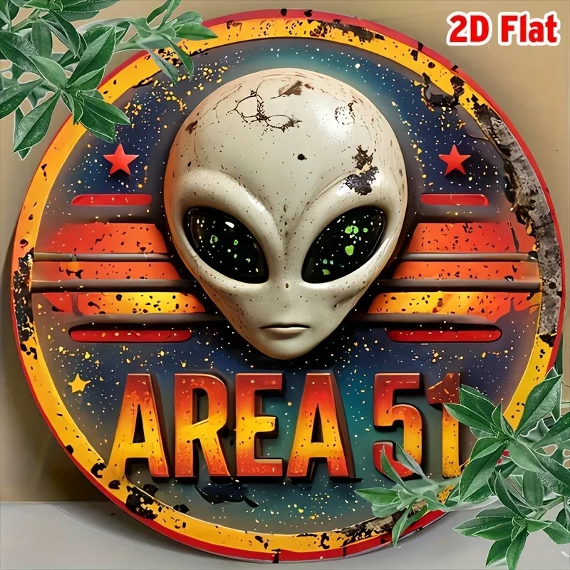 2D Flat Vintage Area 51 UFO Alien Metal Wall Sign - 7.87x7.87 Inch Retro Aluminum Decor Plaque, Distressed Yellow Background