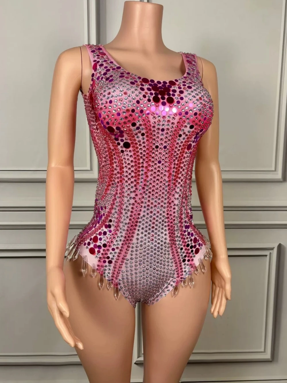 Flashing Sequins Diamonds Crytrals Pink Sexy Bodysuit Evening Party Performance Costume Bar Nightclub Singer Dancer Stage Wear