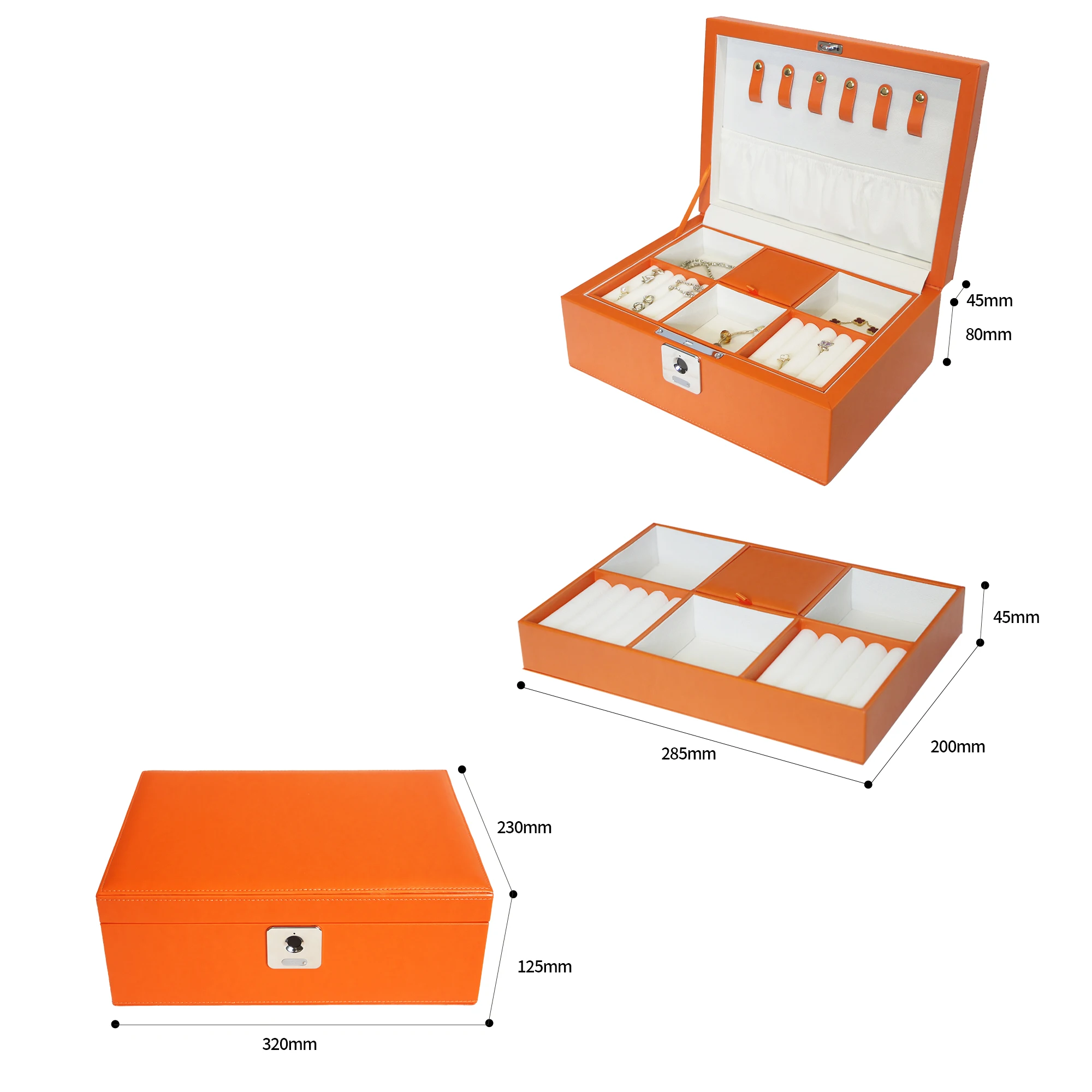 Luxury Jewelry Box with Fingerprint Lock Double Layer PU Leather Storage Organizer Soft Velvet Lining for Women