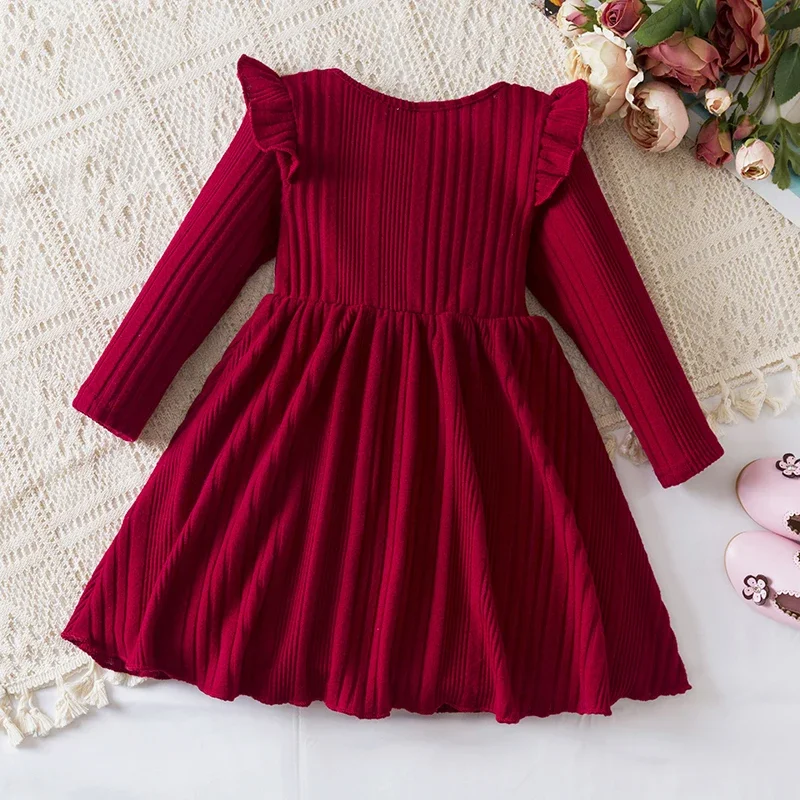 Autumn New Dress Kids Girls 3-8 Years Red Ruffled Long-Sleeved Dress for Christmas Costume Girls Birthday Holiday Party Dress