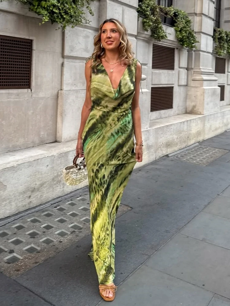 Sexy Swingende Hals Lace-up Tie-dye Lange Jurk Vrouwen Groen Gedrukt Mouwloos Backless Slanke Jurken Party Cocktail Avondjurken