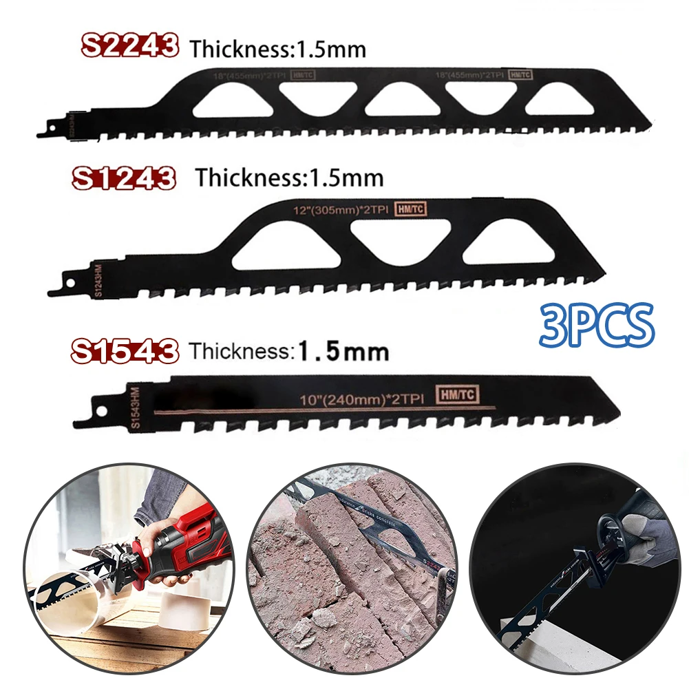 

3Pcs Carbide Tip Reciprocating Saw Blade S1243 S1543 243 For Cutting Bricks Concrete Red Brick Stone Masonry Saber Saw Blade