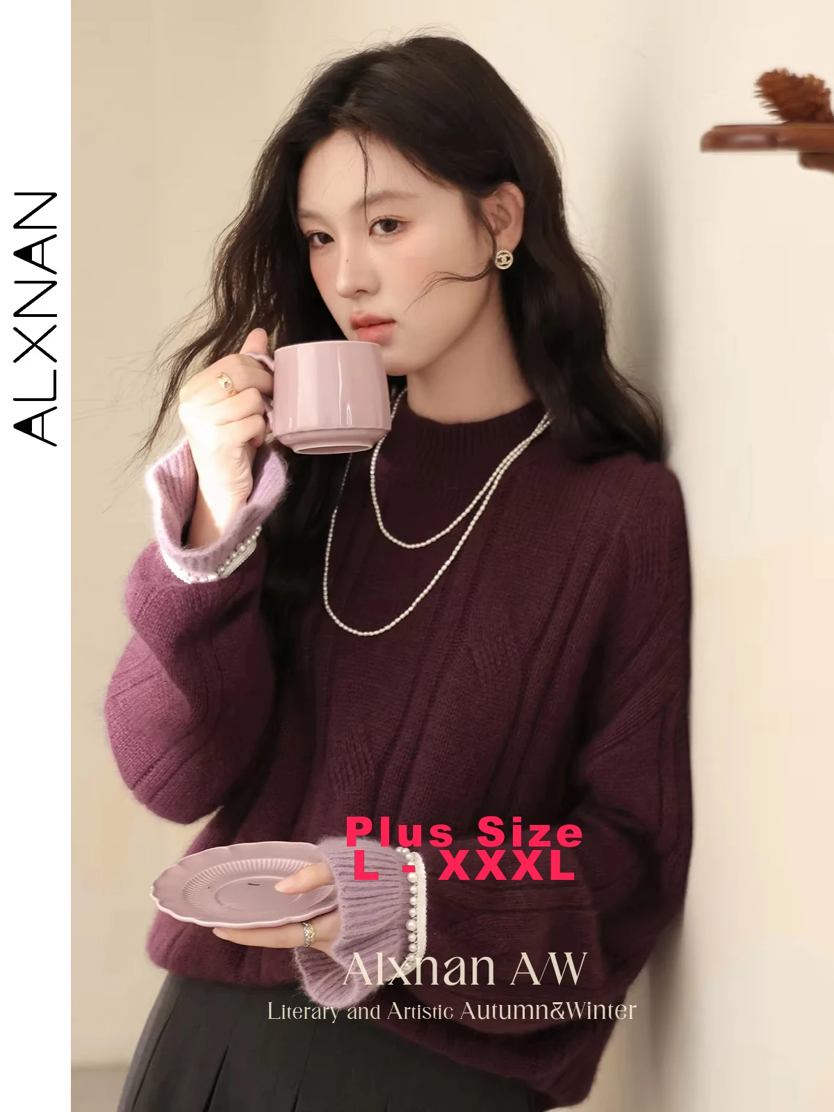 

ALXNAN Plus Size Women's Sweaters Purple Long Sleeve Knitwear Loose Round Neck Patchwork Beaded Cuff Thickness Jumper New D08323