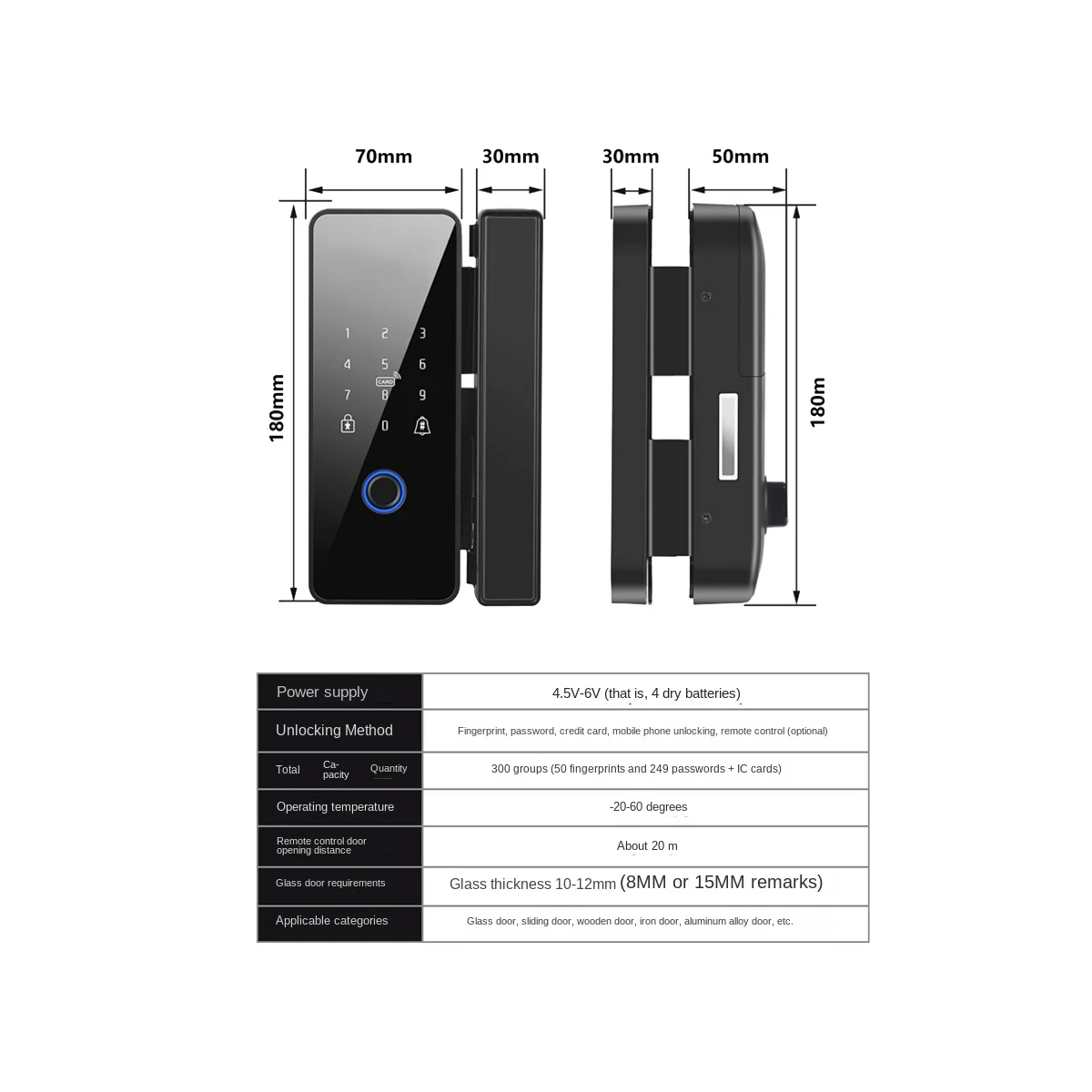 Tuya impermeável fechadura da porta inteligente, fechadura eletrônica do aro, impressão digital, Wi-Fi, porta de vidro, estilo 1