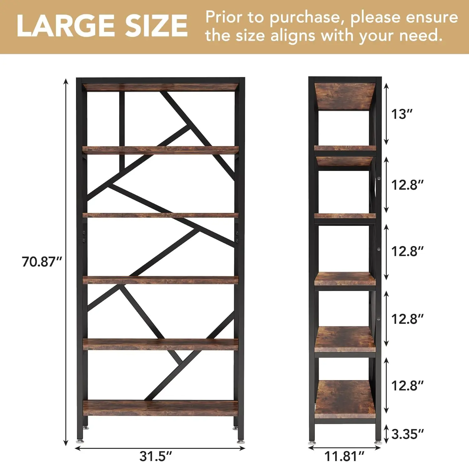 71 Inch Industrial Bookshelf, 6 Shelf Etagere Bookcase, Free Standing Open Book Shelves Storage Display Shelf, Wood Shelving Uni