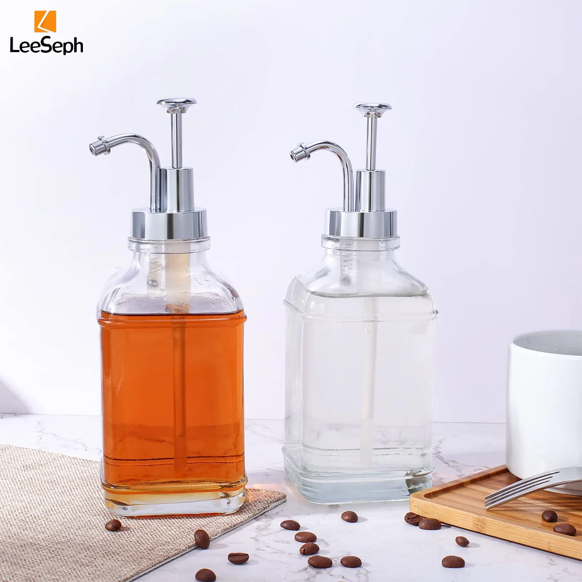 Leeseph Glass Coffee Syrup Dispenser Set with Fill Funnel, Glass Syrup Bottle with Pump, Ideal for Home, Kitchen, and Café Use