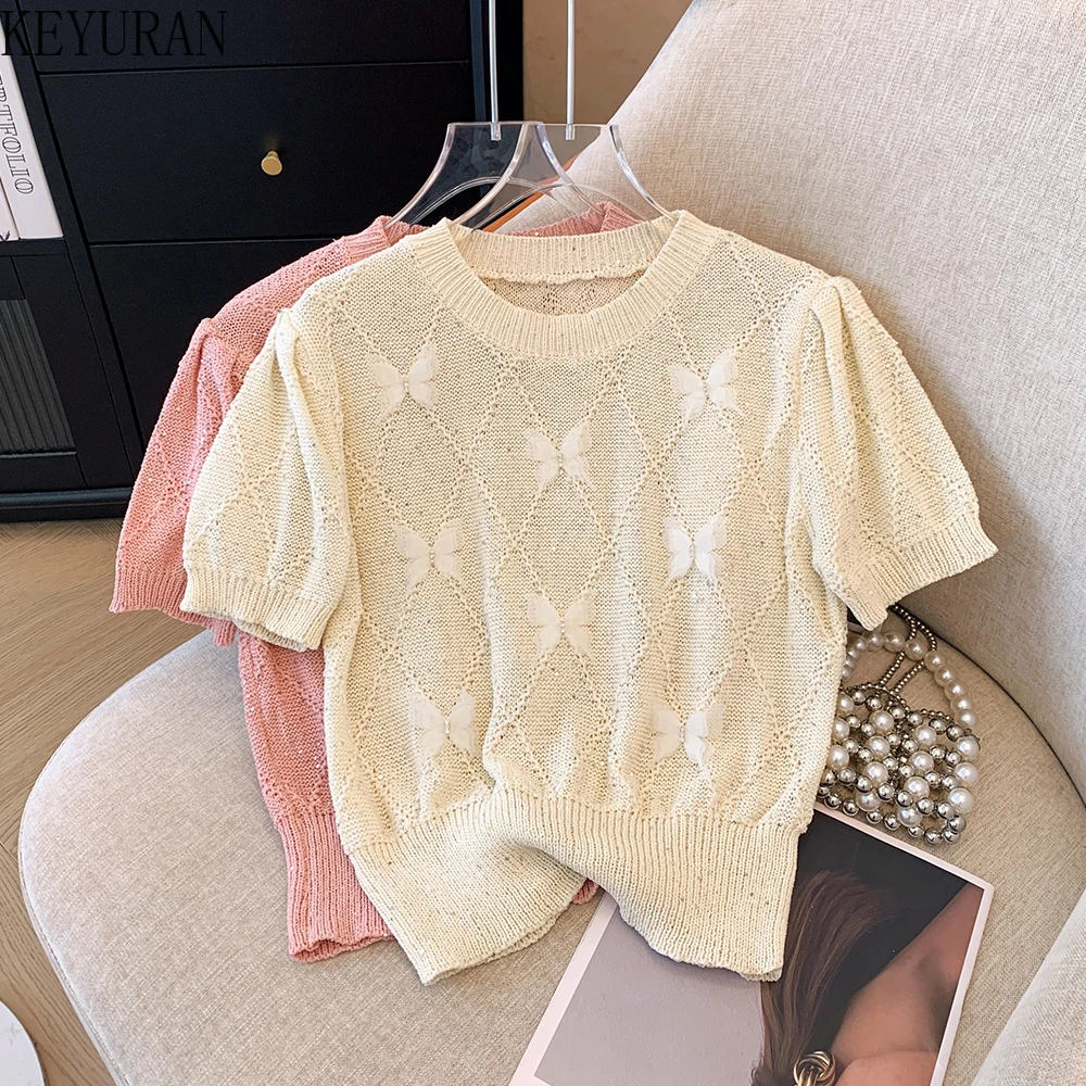 2024 Summer Short Sleeve 3D Butterfly Sweater Women\'s Knitted T-Shirt Vintage Casual Loose O-Neck Versatile Pullover Tops Jumper