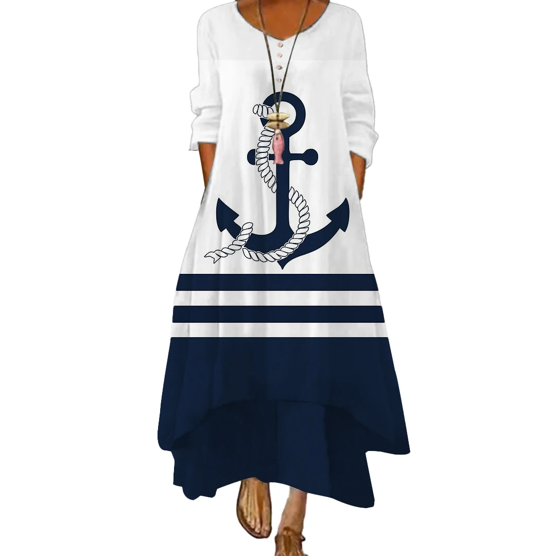 Plus Size Casual Dress Women's Plus Print Long Sleeve V Neck Maxi Dress With Pockets