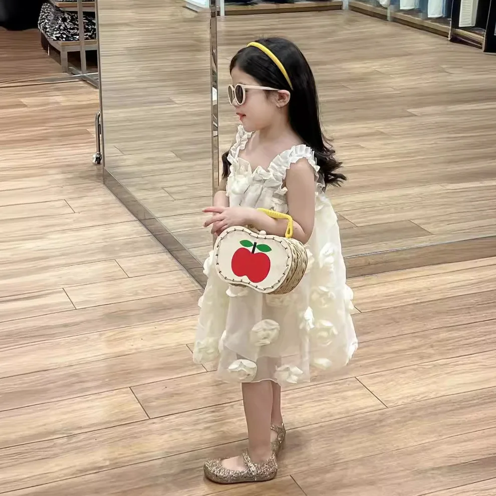 Korean Version of Childrens Clothing Summer Girl 2024 New Rose White High-end Sleeveless Princess Dress Trend