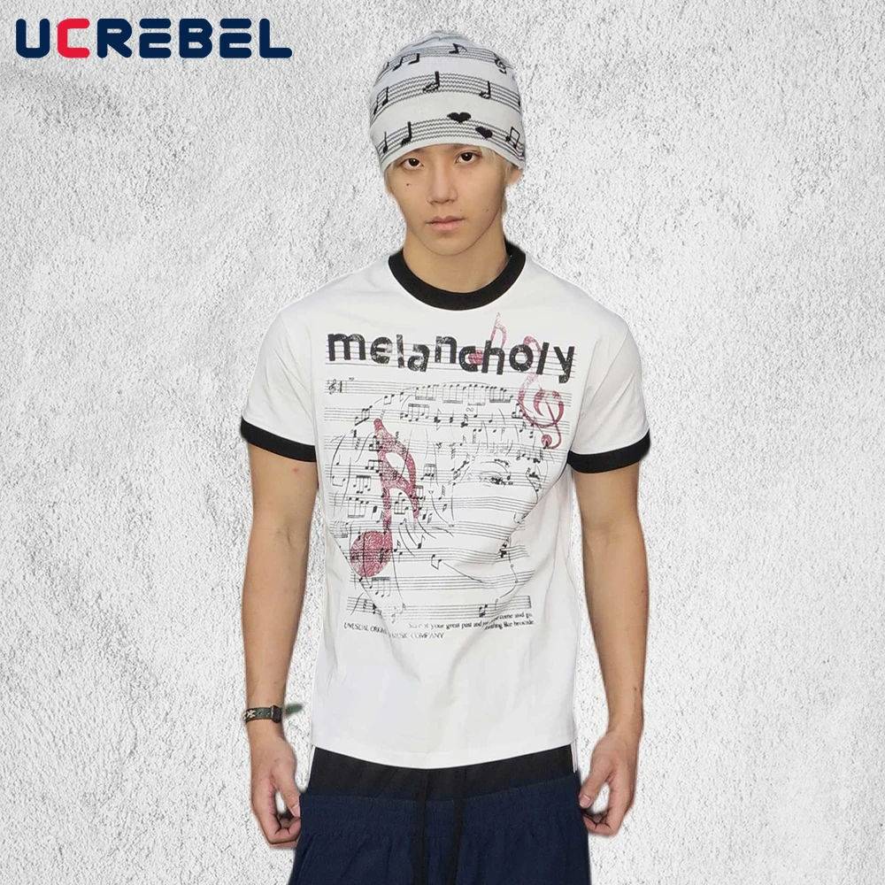 Music Note Print Short Sleeve T-shirt Mens Spliced Summer Y2k Streetwear Loose Crew Neck Cotton Tee Man Tshirt