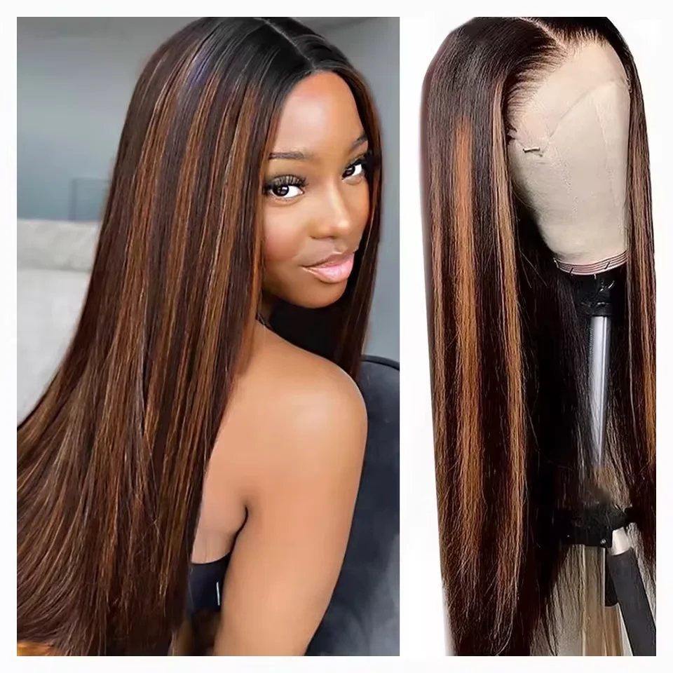 FB 30 Colored Highlight Straight human hair Full Frontal 13x4 13x6 HD Transparent Lace Front Remy Human Hair Wigs 40 46 Inch
