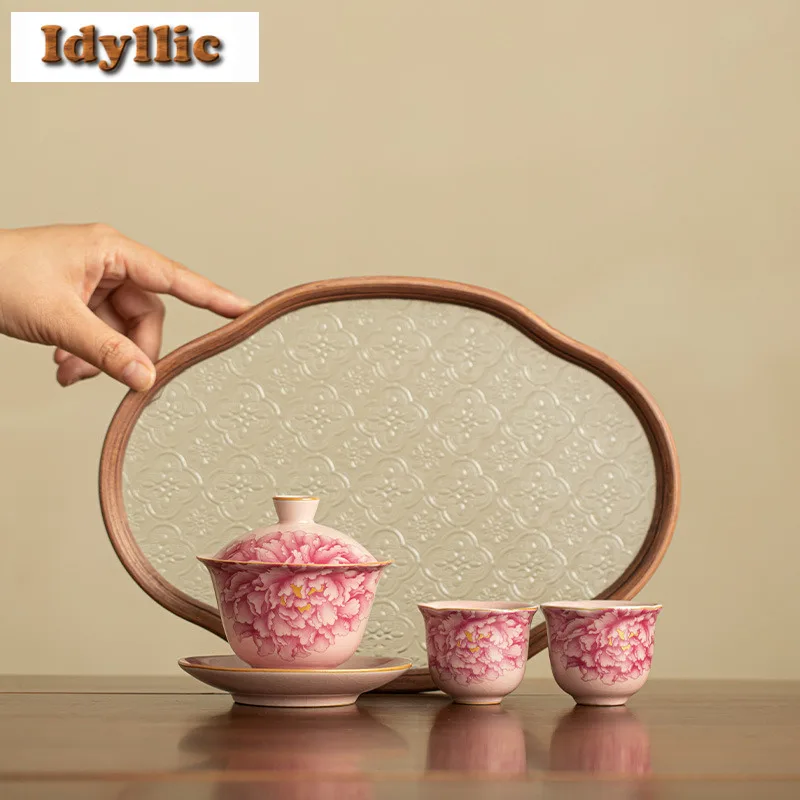 

Ru Kiln Pink Peony Tea Set Complete Set Retro Tea Ceremony Set Tea Brewing Teapot and Tea Cup Set Teaware Equipment Ornaments