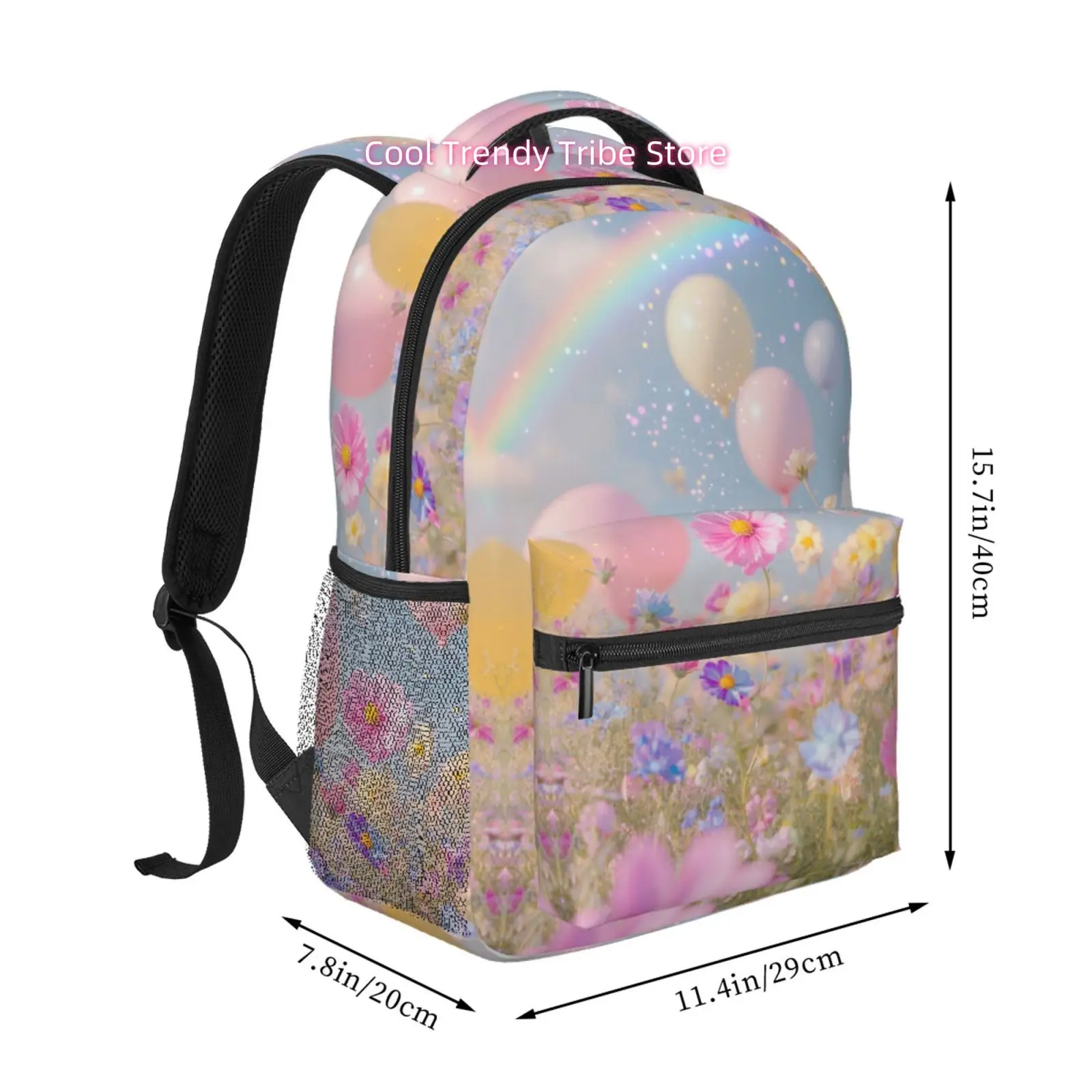 Pastel Flower & Balloon Print Backpack with High Quality Oxford Cloth Suitable for Beach, Yoga, Travel,, - Adjustable Straps, Li