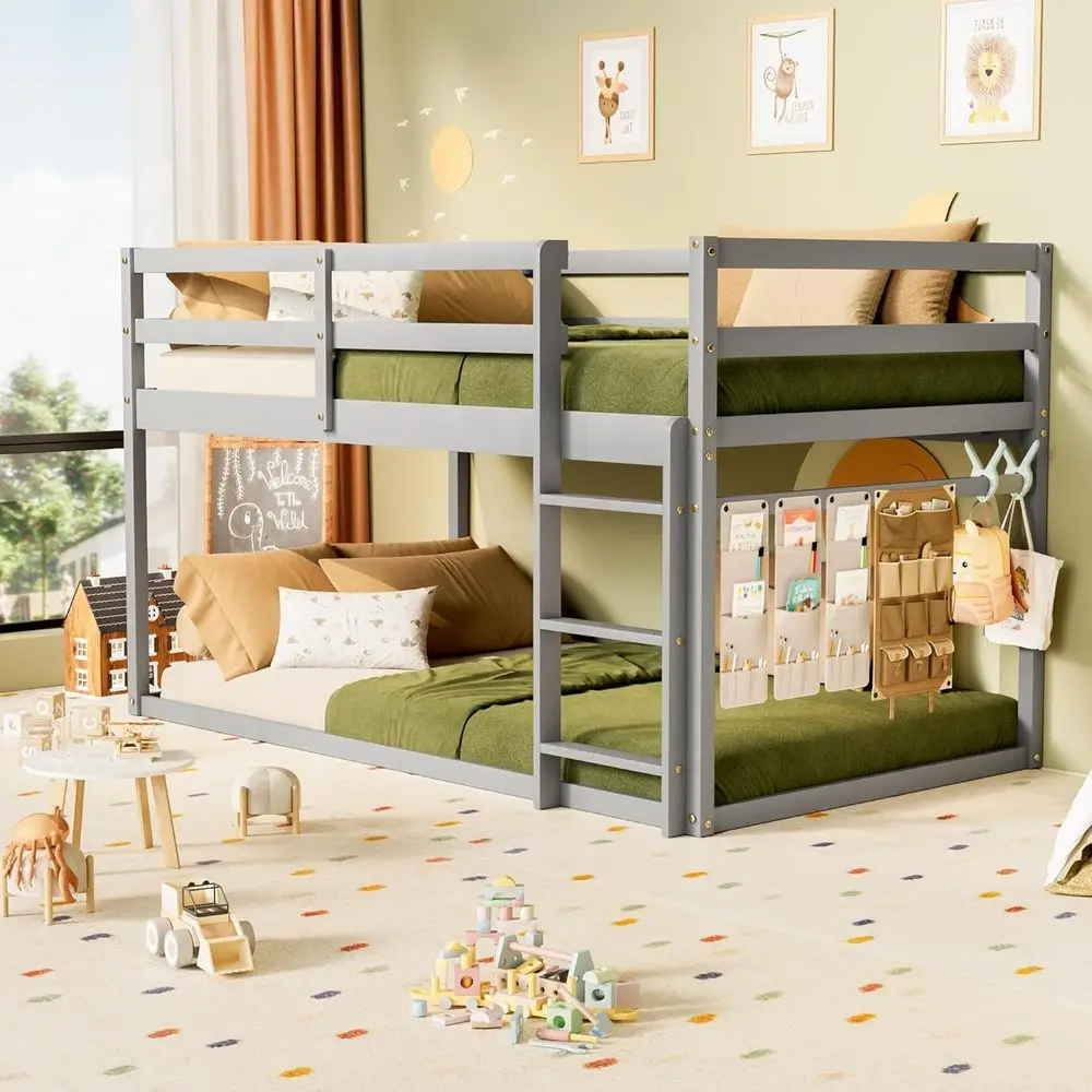 

Twin Over Twin Wooden Bunk Bed with Ladder, Full Guardrails, Suitable for Boys, Girls, Kids in Grey