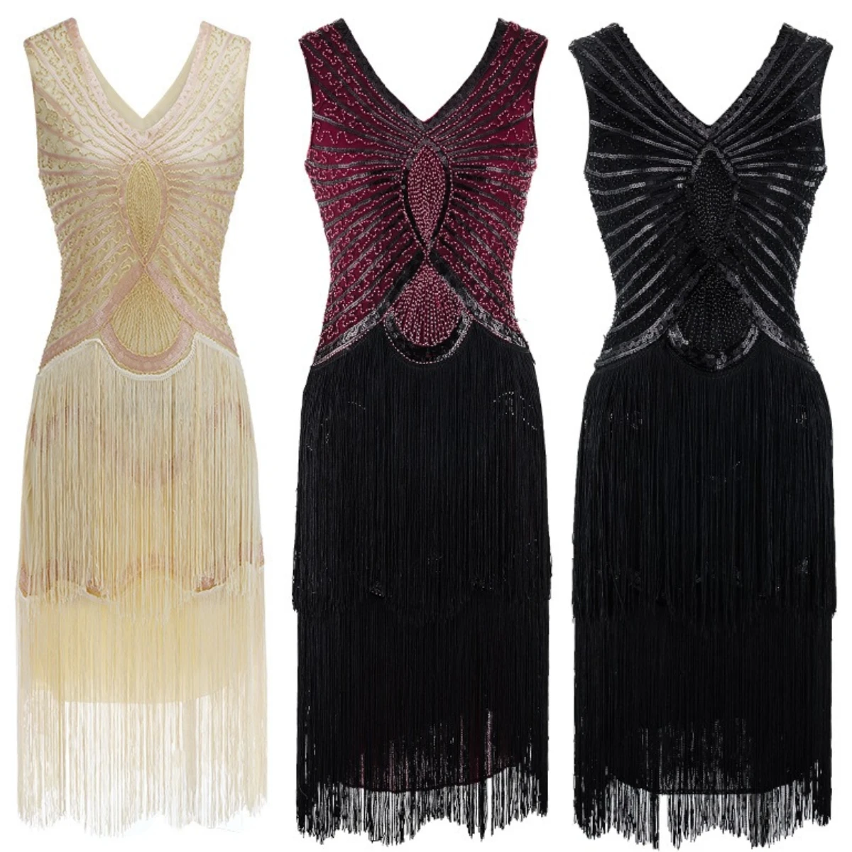 1920s Sequin Dress Great Gatsby Cocktail Party Handmade Beaded Sequin Dress Tassel Sleeveless Retro Dress