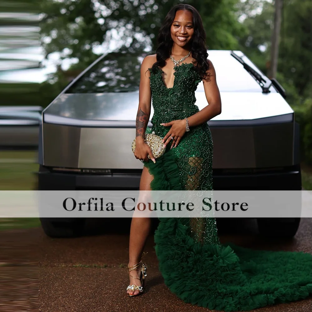 Emerald Green Prom Dresses 2026 Mermaid Sparkly Crystal Ruffles Party Gowns Customized Slit Party Dress Vestido De Festa