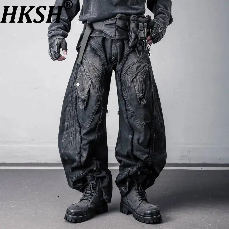 HKSH Spring Men Niche Waste Land Subculture Dark Heavy Denim Pants Patchwork Wide-leg Raw Edge Fringed Distressed Jeans HK20186
