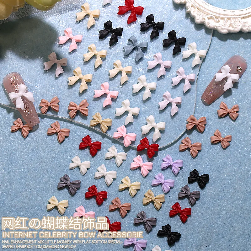 100Pcs Kawaii Ribbon Bowknot Nail Charms Korean Manicure Design Decorations Bow Resin Rhinestone Jewelry Nail Art Parts Accessor