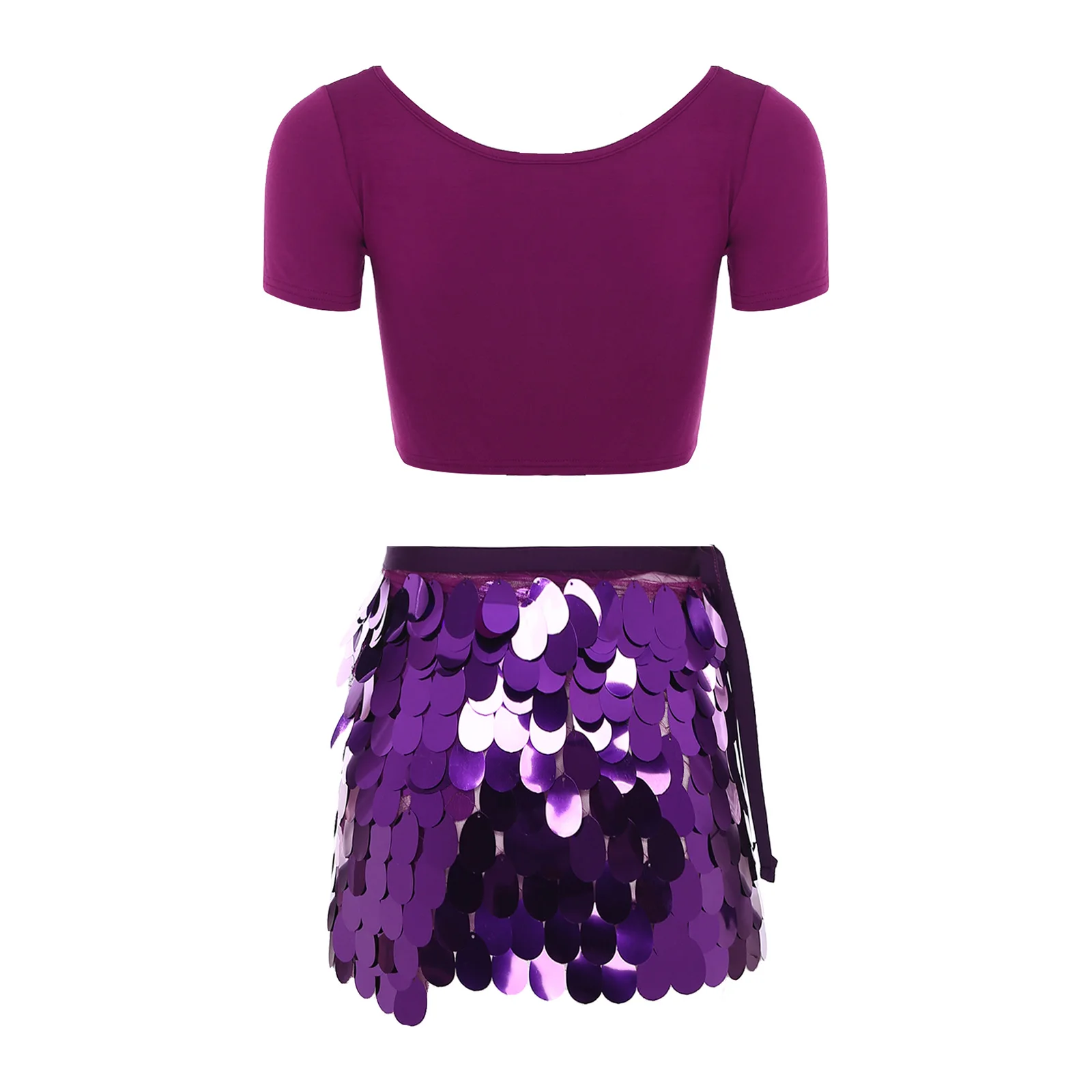 Costume da danza del ventre da donna, girocollo, manica corta, camicia corta e sciarpa allacciata con paillettes lucide per club di classe sul palco