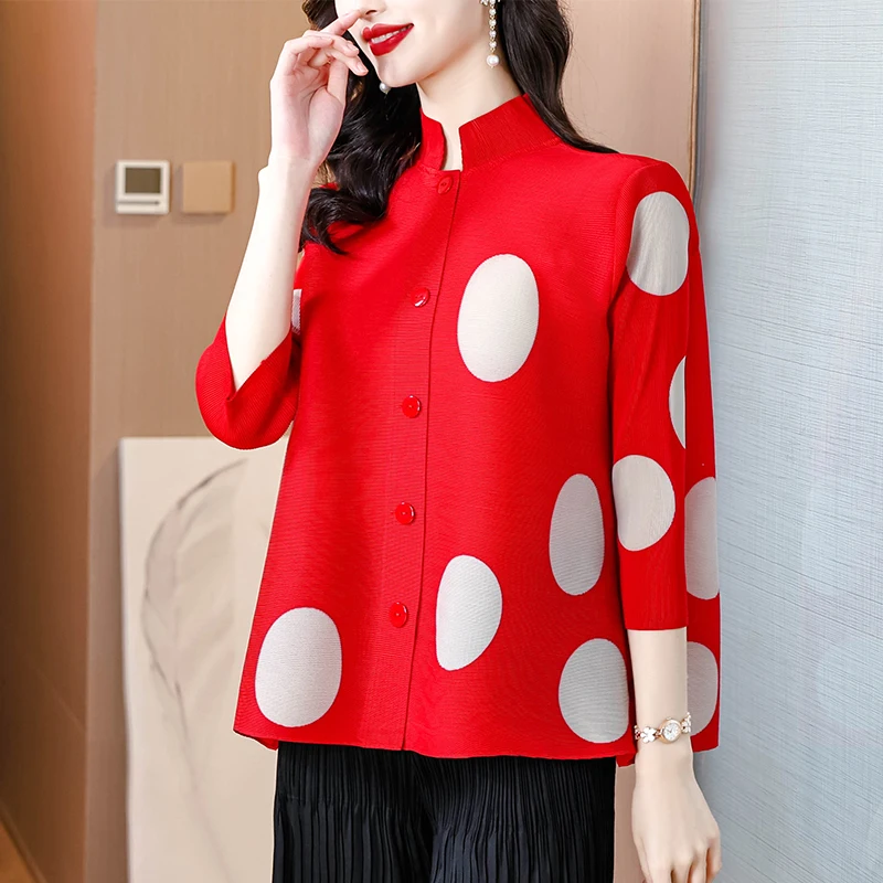 Summer Pleated Loose Shirt Women Stand Collar Single Breasted Dot Print Casual Blouse Vintage Female Tops 2024 Chinese Style New