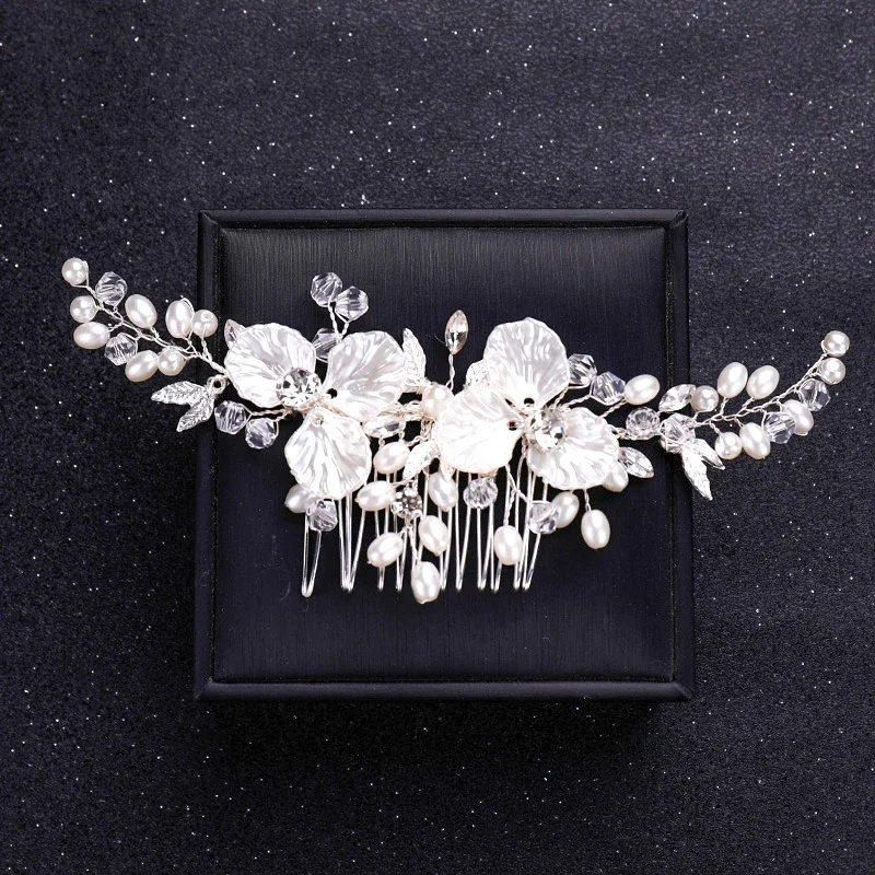 Trendy wedding flower hair accessories Handmade silver pearl hair comb tiara rhinestone bride headdress bridal hair ornaments image 6