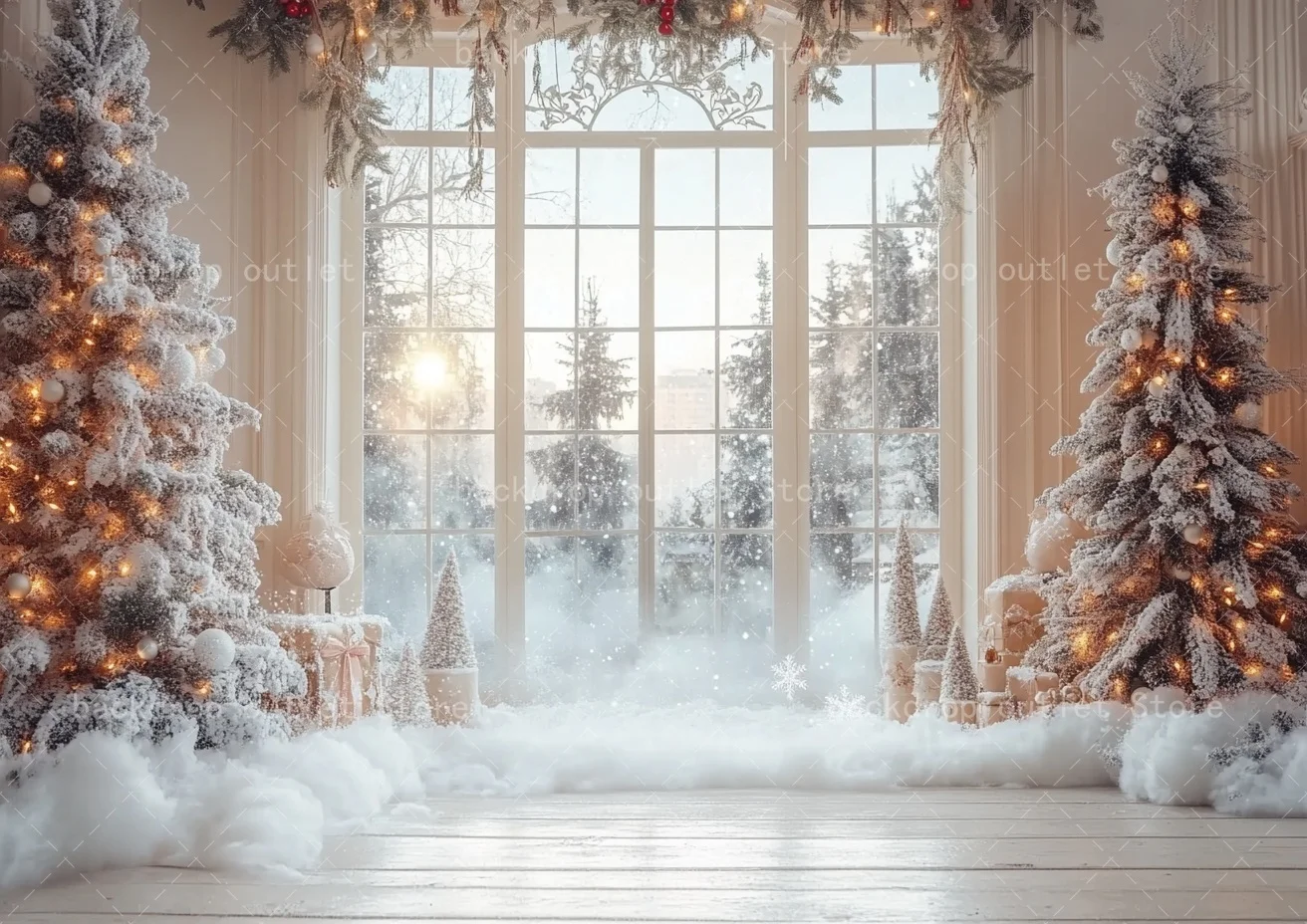 Mehofond Weihnachten Fotografie Hintergrund Beige Tür Fenster Weihnachtsbaum Lichter Dekor Kinder Familie Porträt Hintergrund Foto Studio