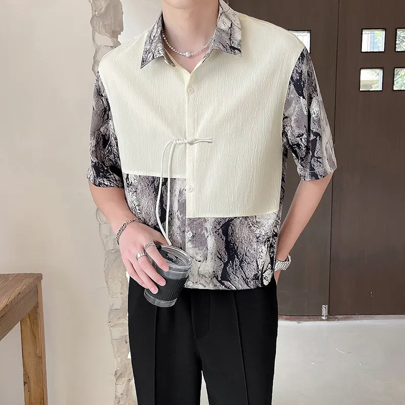 

New Chinese Sle Ice Silk irt Men's Summer Thin Lightweight Seven Sve Patchwork Busin Casual High-End Feeling irt