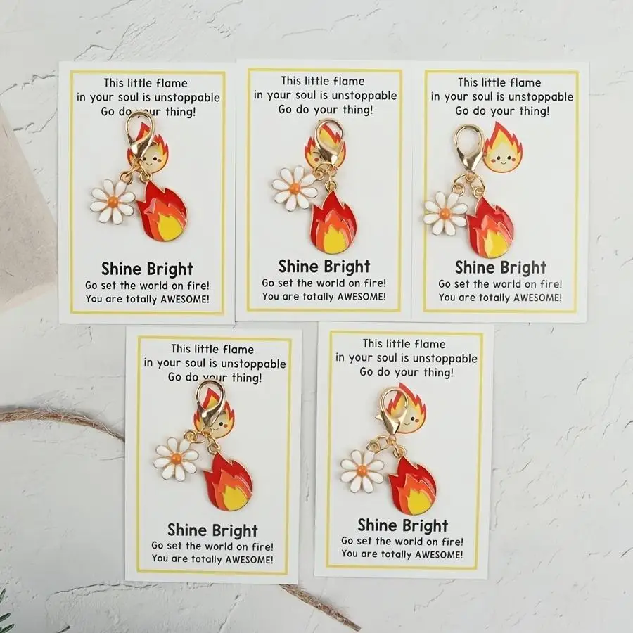 1/5/10/20/50/100pcs Set of Simple Cartoon Flame Keychains, with Positive Encouragement Greeting Cards. Perfect as Motivational G