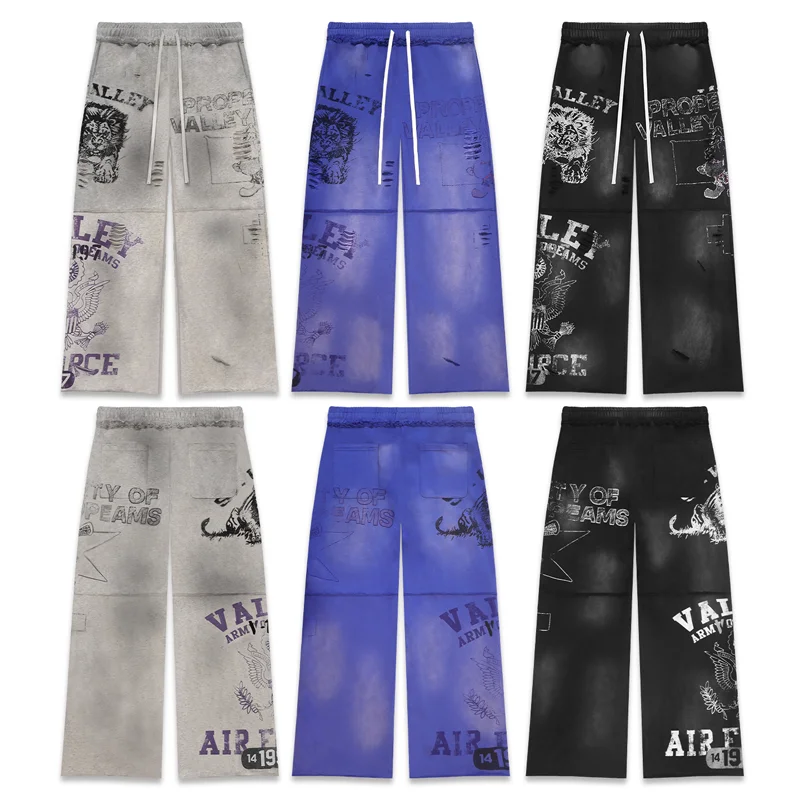Vintage Washed Distressed Ripped Man Woman VALLEY Casual Pants  Animal Letter Print Elastic Waist Wide Leg Sweatpants