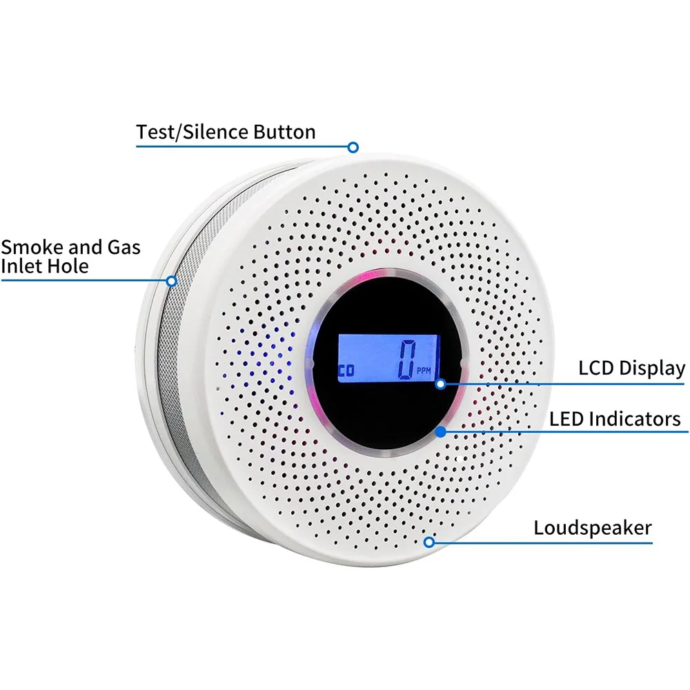 Smoke Detector Carbon Monoxide Detector Combo with Digital Display and Sound Light Alarm, 2-in-1 Smoke & CO Alarm with Battery O