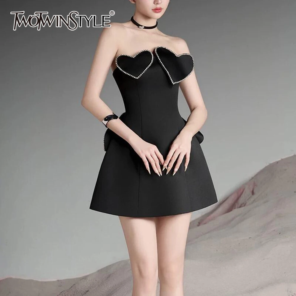 TWOTWINSTYLE Solid Slimming Spliced Diamonds Dresses For Women Sleeveless High Waist Patchwork Zipper Mini Dress Female Fashion