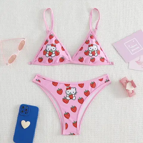 Anime Y2K Hello Kitty Kvinnor Bikini Baddräkt Sanrioed Kawaii Sexiga Heta Tjejer Söt Rosa Underkläder BH Trosor Strand Hav 12 best sales Hello Kitty badkläder - №6