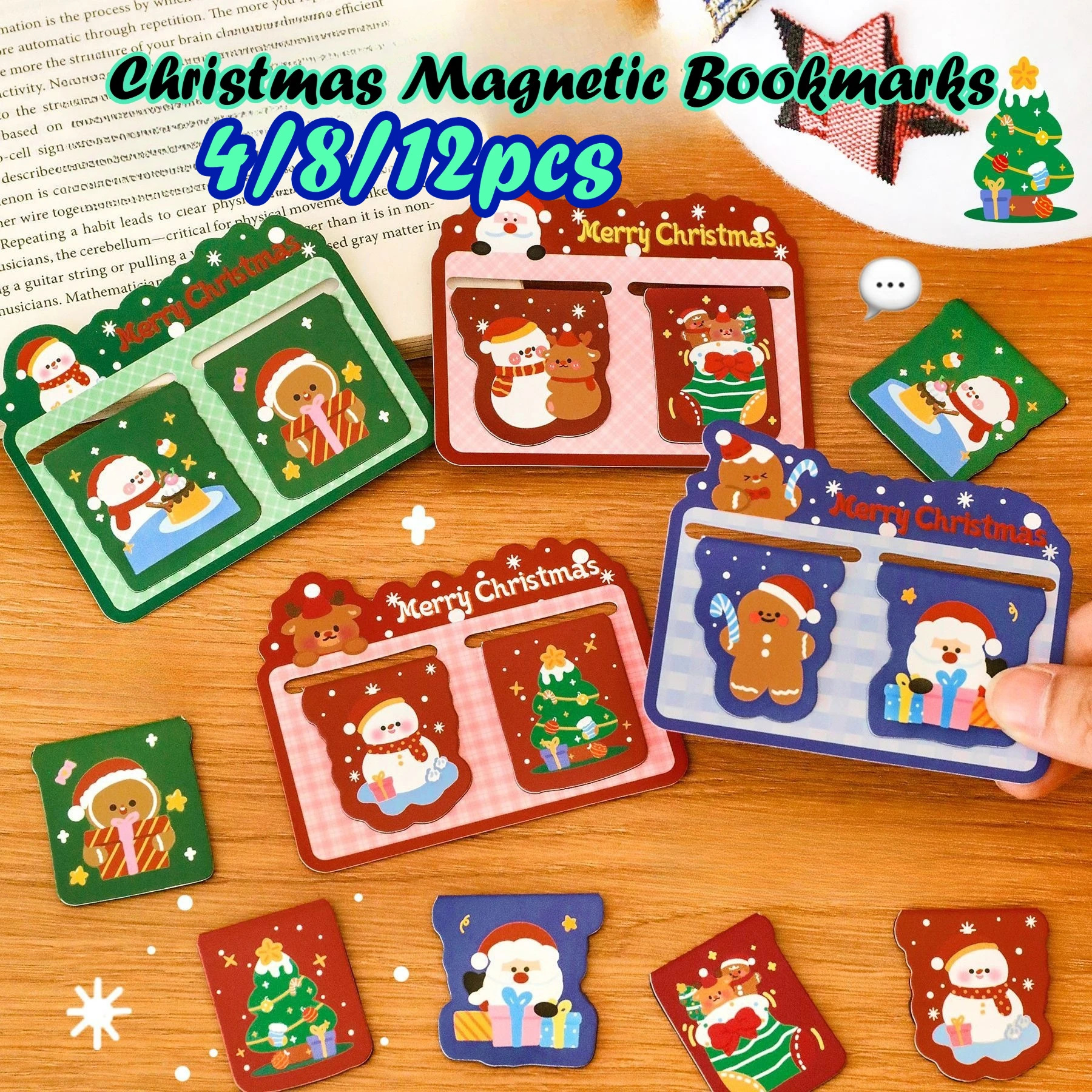 4/8/12pcs Cute Christmas Magnetic Bookmarks - 2pcs Shaped Page Clips, Student Stationery, Reusable Xmas Present