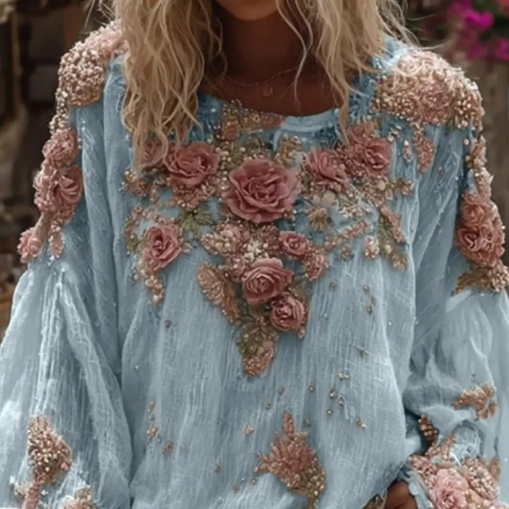 

Women's Blouse 2026 Women Tops V-Neck Lantern Long Sleeve Casual Loose Fit Shirt 3D Flower Pattern Casual Women Shirt Korean