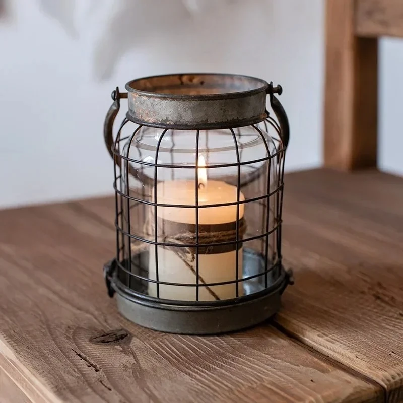 Iron Art Lantern Decoration Camping Vintage Hanging Candle Holders Ornaments Home Outdoor Lantern Atmosphere Sense Candlestick