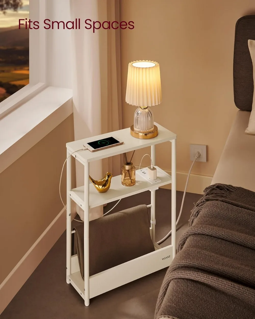 Compact Side Table with Charging Station, 3-Tier Nightstand for Small Spaces, Cream White