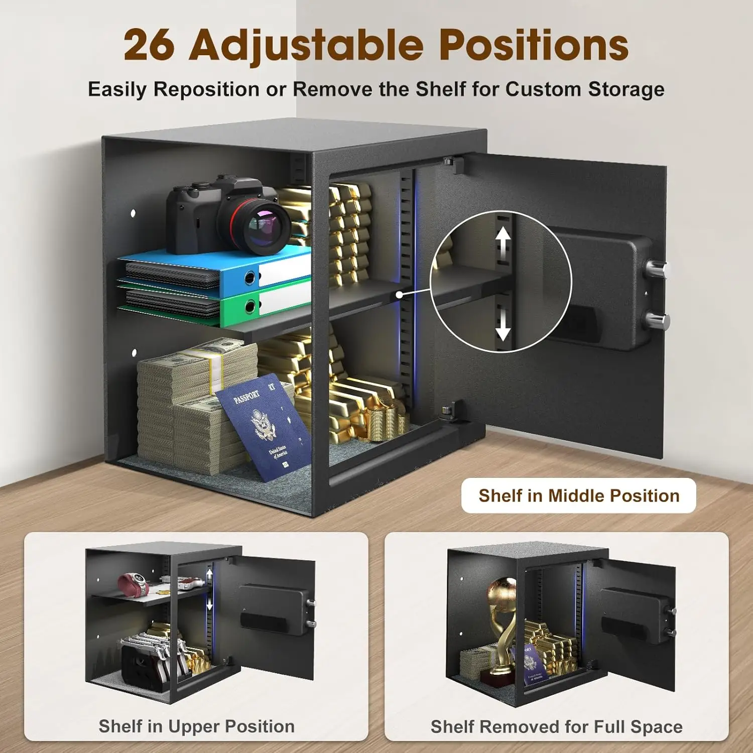 2.3 Cu.Ft. Safe Box for Home, Fireproof Waterproof Security Safe with Fireproof Bag, Dual Passwords, Adjustable Shelf, Anti-Scra