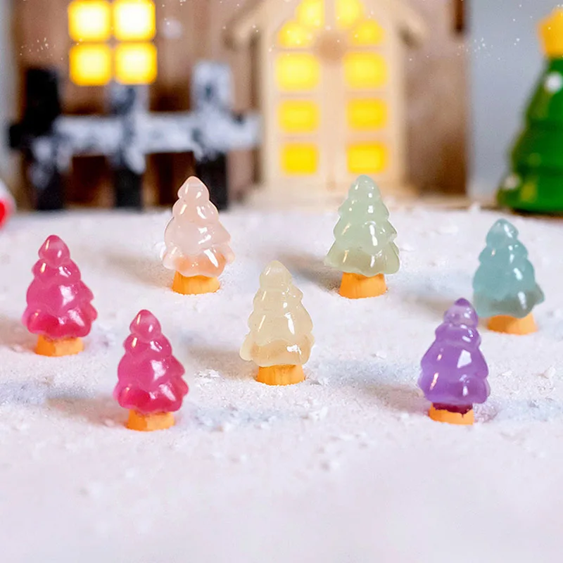 10Pcs Mini Luminous Christmas Tree Ornaments Glowing Resin Plants Micro Landscape Figure Miniature Statue Potted Decor Kids Gift