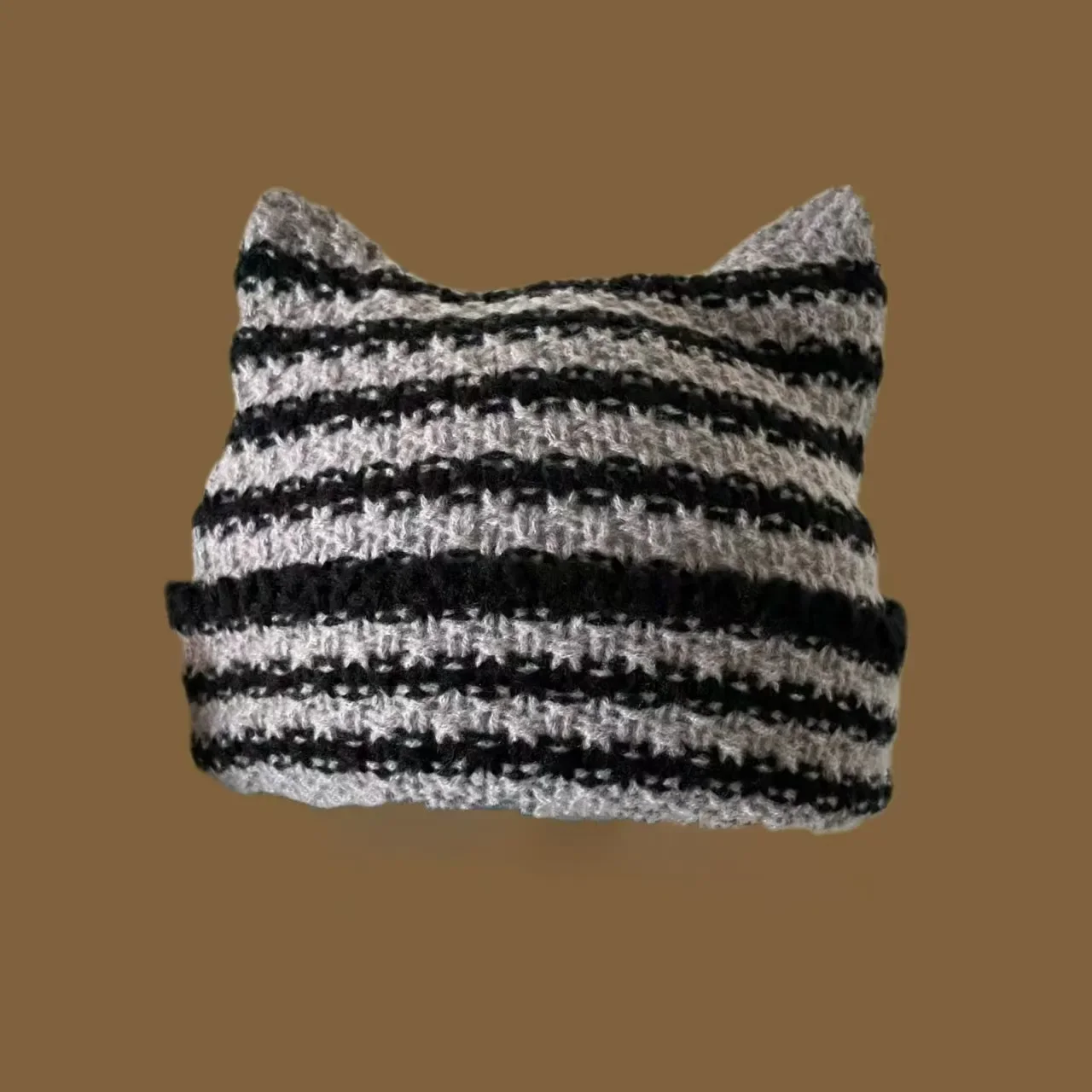 

Japanese Beanie Hat Ins Little Devil Striped Knitted Wool Cap Autumn and Winter Cute Cat Ears Pointed Pullover Womens