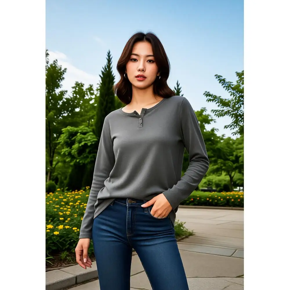 

Women's casual pure cotton Henry shirt offers two colors long sleeved loose fit pullover sweater soft and comfortable shirt