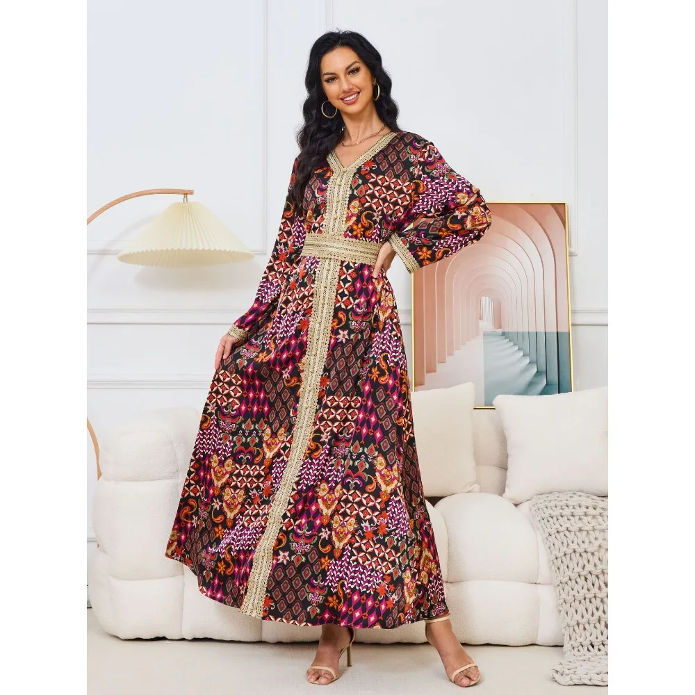 Eid Classy Muslim Women Robe Ramadan Morocco Printed Party Dress Dubai Long Sleeves Casual Abayas Lady Formal Banquet Kaftan New