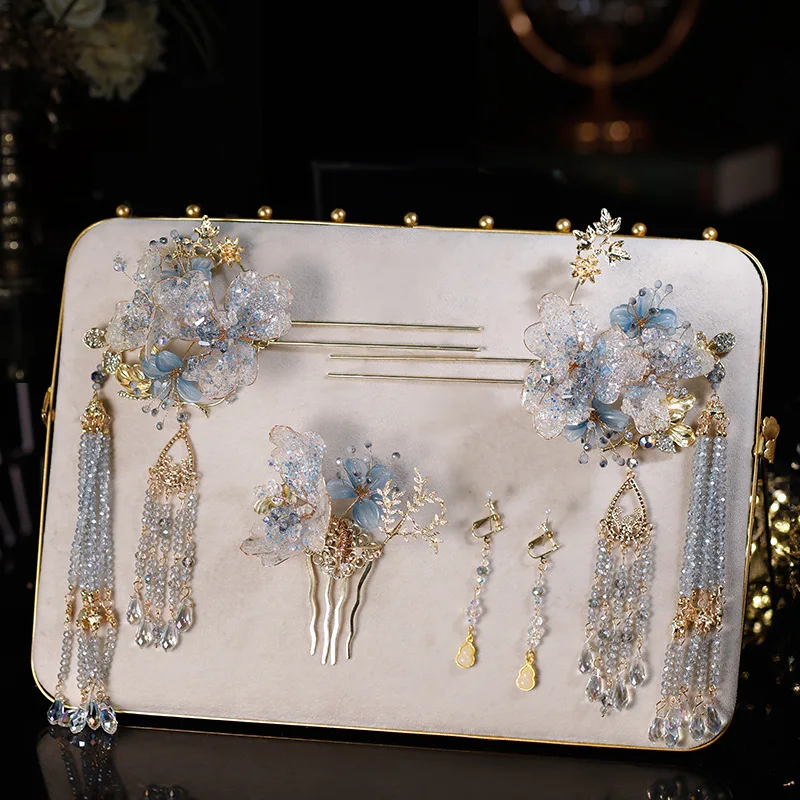 

New Chinese Style Handmade Blue Crystal Flower Tassel Hairpin Hair Clip Ear Clip Headwear Hair Accessories Vintage Jewelry Set