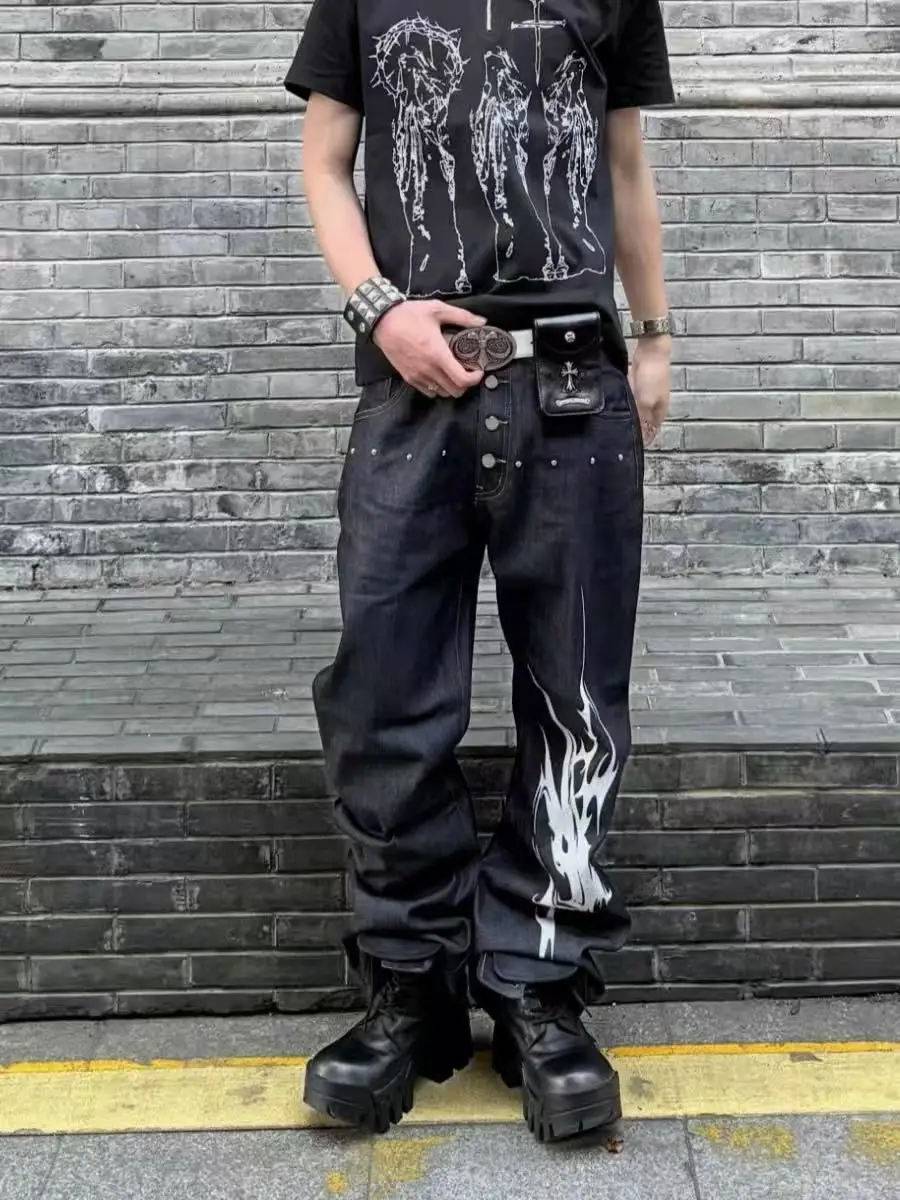Men's Fashion Print Black Punk Jeans Casual Pants Street Boys Bottom Wide Legs Sweatpants Male High Waist Unisex Trousers