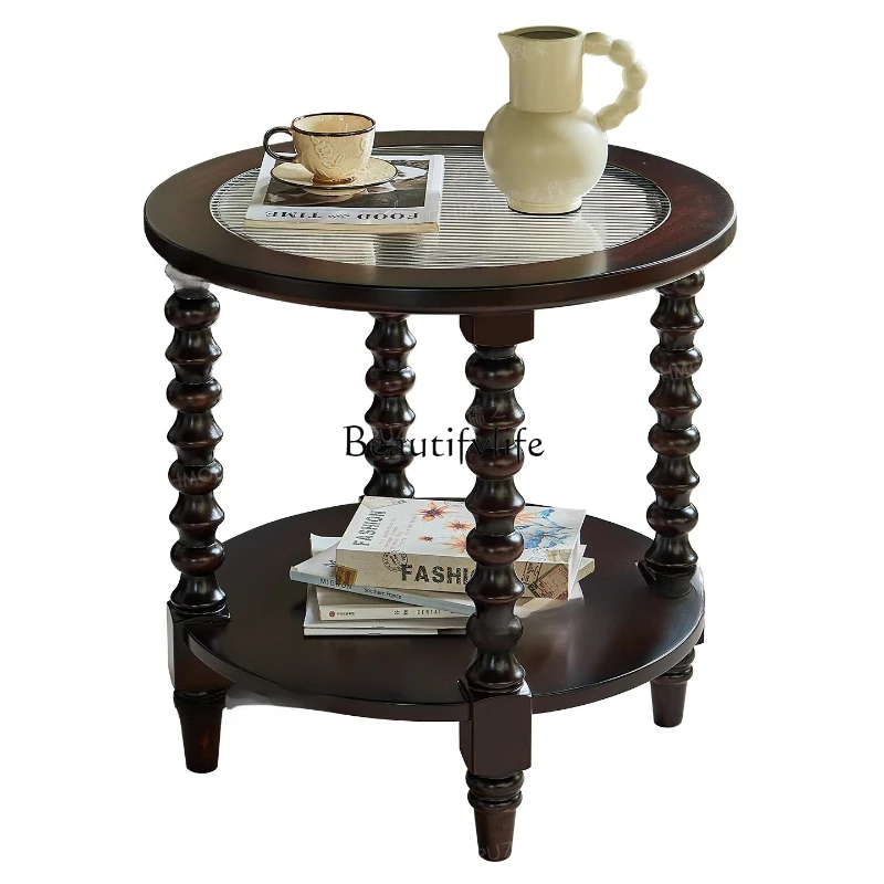 

American solid wood round table double-layer small apartment coffee table Changhong glass movable