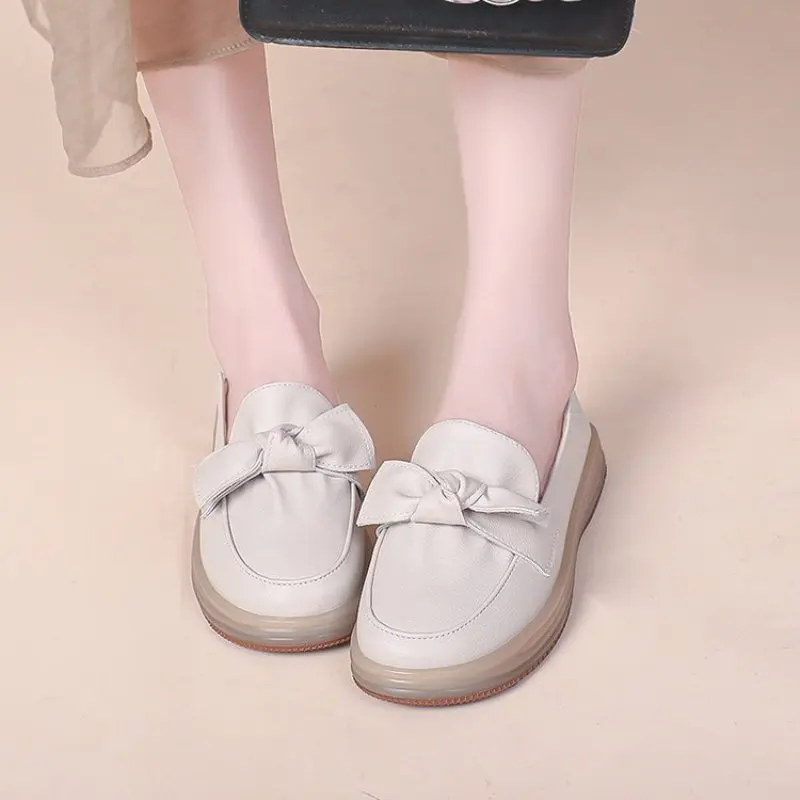 2024 Fashion comfort Women Genuine Cow Leather Flat Shoes Round Toe Bowknot Slip on Ladies Flats Handmade Casual simple