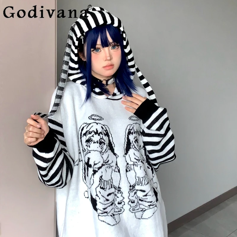 

Subculture Original Japanese Mine Cartoon Striped Sweater Women Loose Plus Size Mid-Length Student Hooded Pullover Y2k Clothes