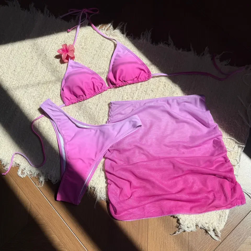 With Skirt Gradient Halter Bikini Female Swimsuit Women Swimwear Three-pieces Bikini set Padded Bather Bathing Suit Swim