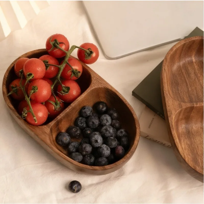 Fruit Plate Light Luxury Style Walnut Double Grid Bowl Solid Wood Divided Household Snack Plate Home Organization